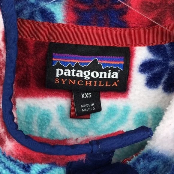 Patagonia Woman XXS Patchwork Synchilla Snap T Fleece Makai Red Blue White - Picture 3 of 6